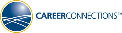 Career Connections logo.  Blue cicle with gold border.  White lines depicting crossroads in the blue circle.